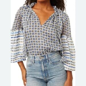 Misa Los Angeles Blue and White Patterned Blouse